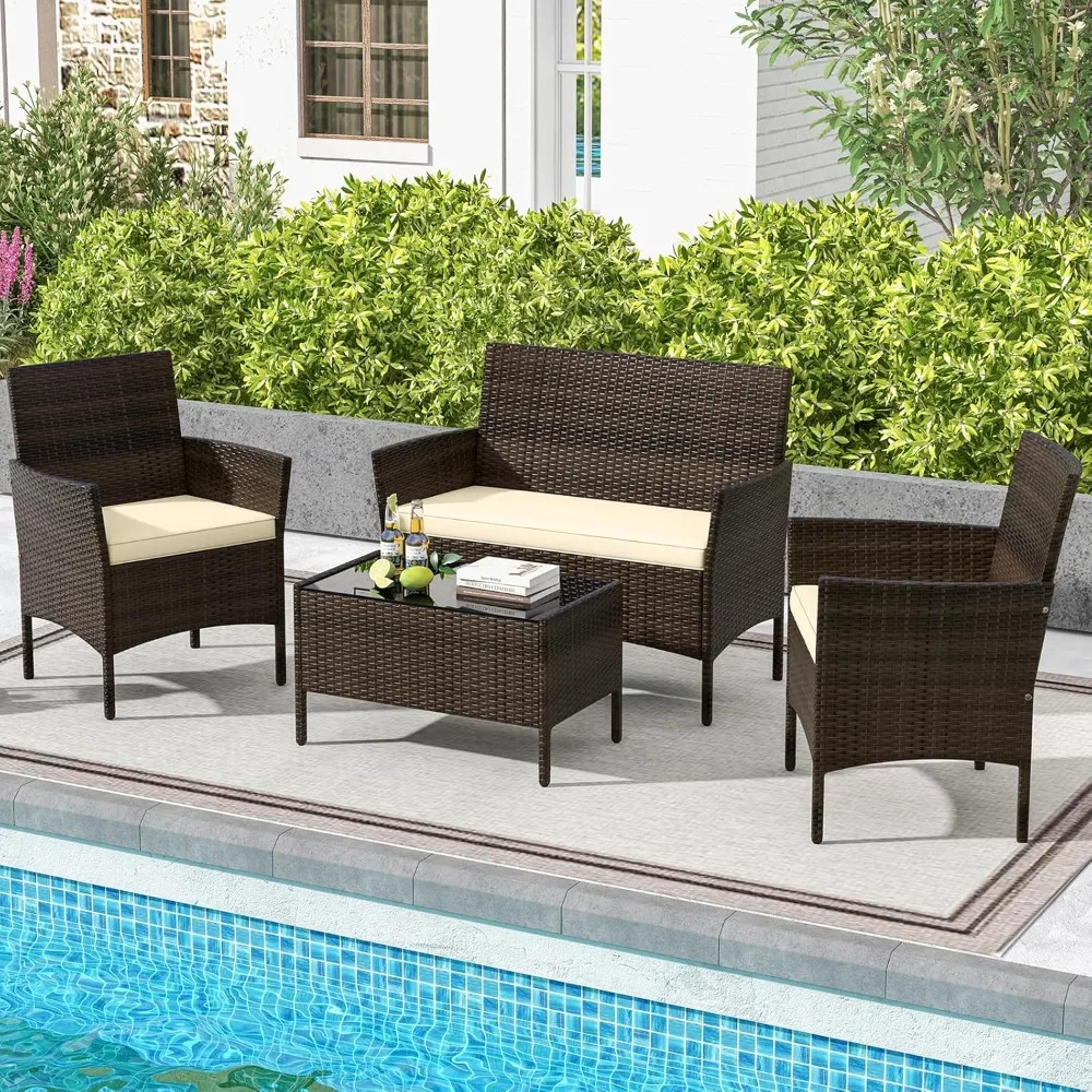 

4-piece outdoor rattan conversation set, courtyard willow furniture set with sofa chair and tempered glass coffee table