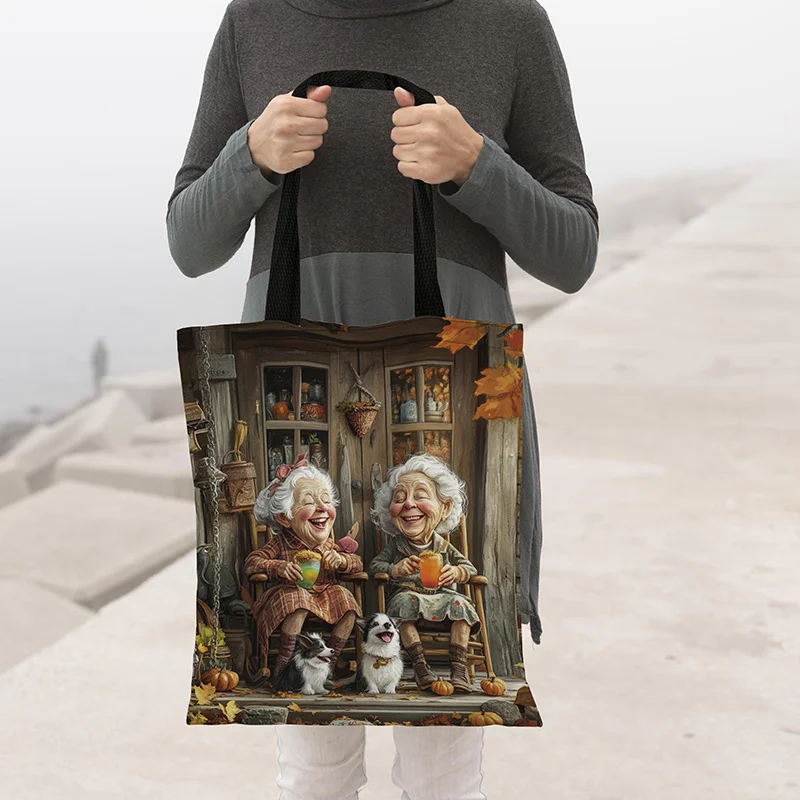 1pc Autumn Warmth Friends Print Tote Bag, Reusable Polyester Foldable Large Capacity Casual Shopping Bag