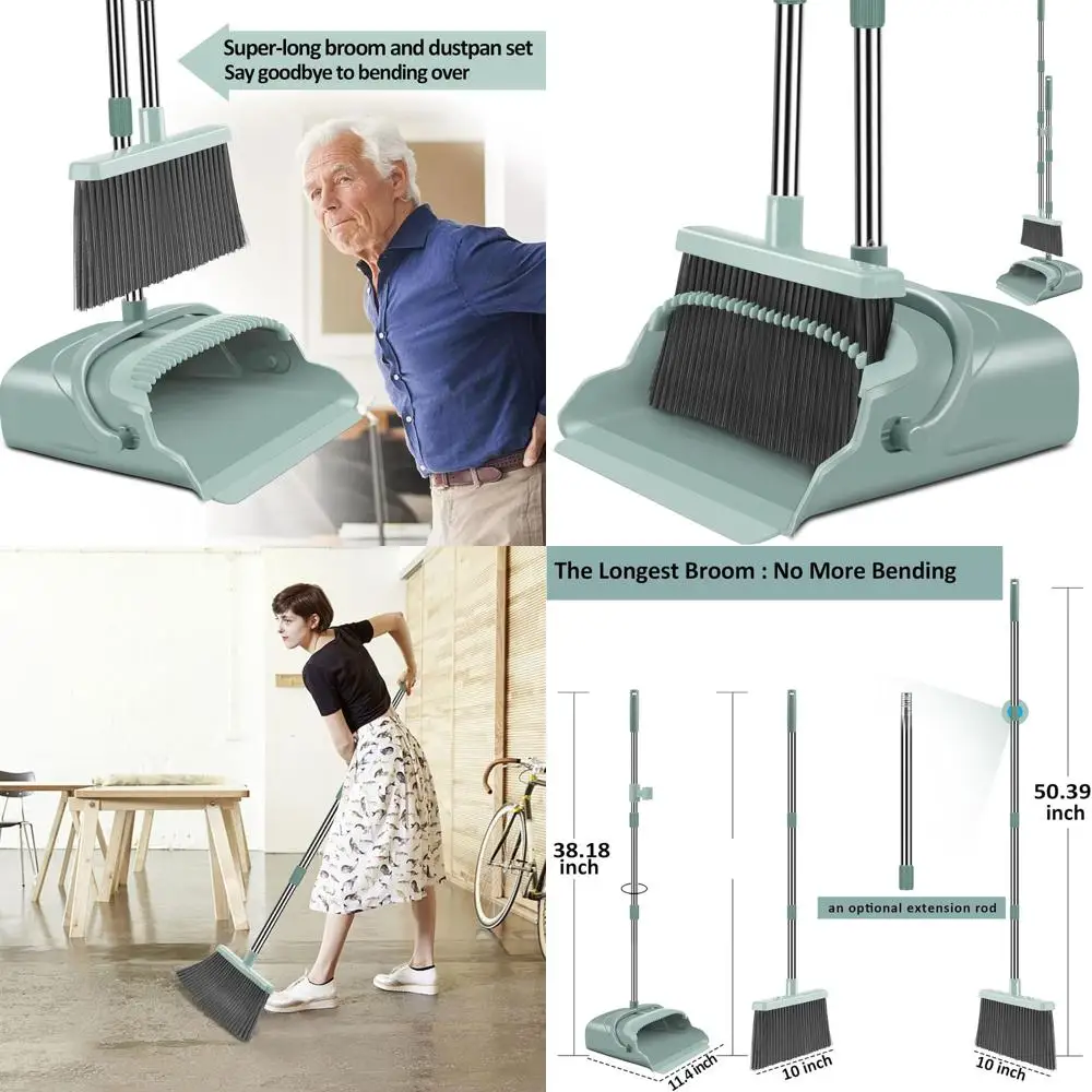 

Green Large Upright Broom and Dustpan Set with Long Handle for Home, Office, and Outdoor Use