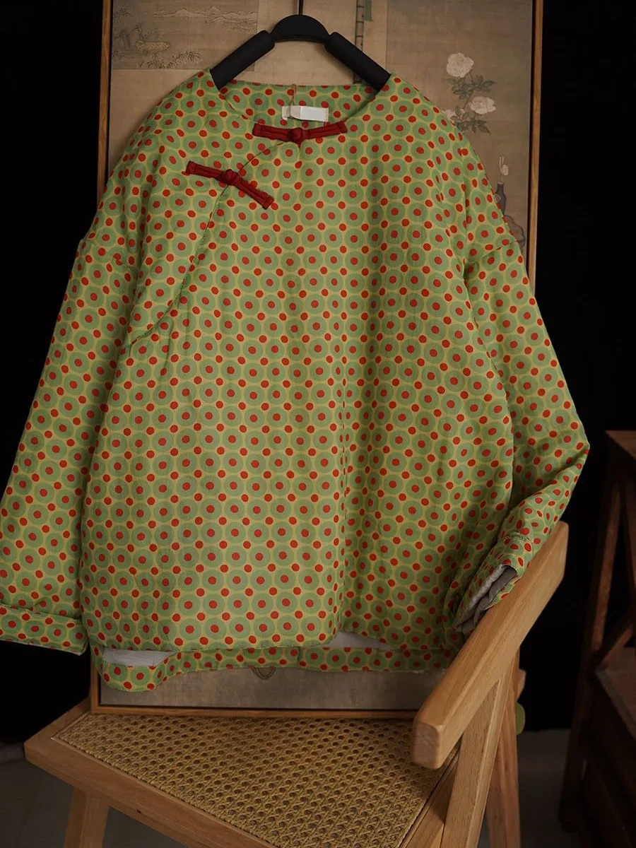 Retro Polka Dot Print Cotton Jacket Women's Winter Coat with Button Slant Lapel round Neck Short Cotton Padded Vest