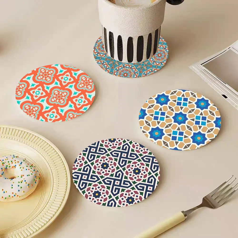Ethnic Pattern Round Wooden Coasters Suitable For Restaurants And Coffee Home Gift Choice Holidays