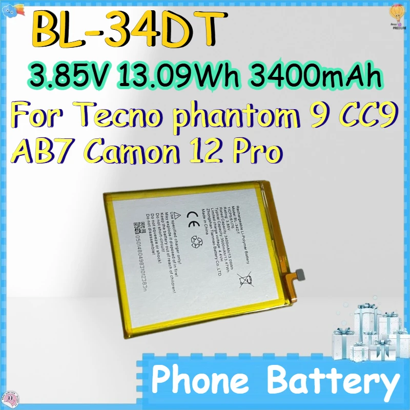 BL-34DT 3.85V 13.09Wh 3400mAh Phone Battery for Tecno Phantom 9 CC9 AB7 Camon 12 Pro Lithium Ion Phonebattery
