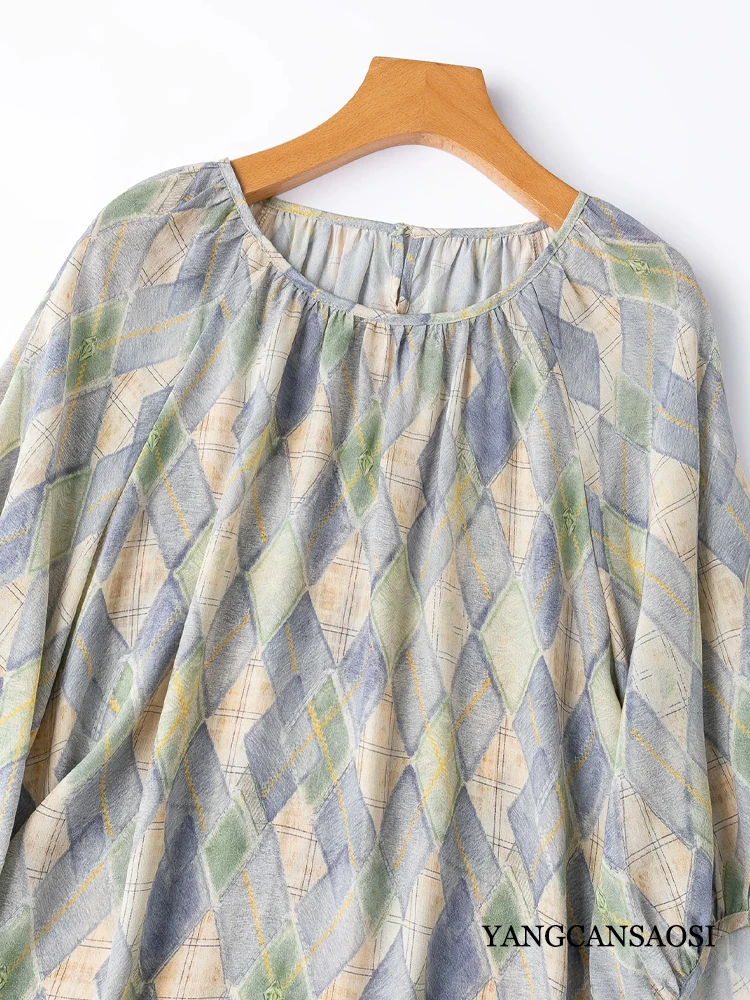 Artistic Diamond Grid Pattern Skin Friendly Cool 100% Natural Mulberry Silk Double Crepe Round Neck Lantern Sleeve Loose T-shirt