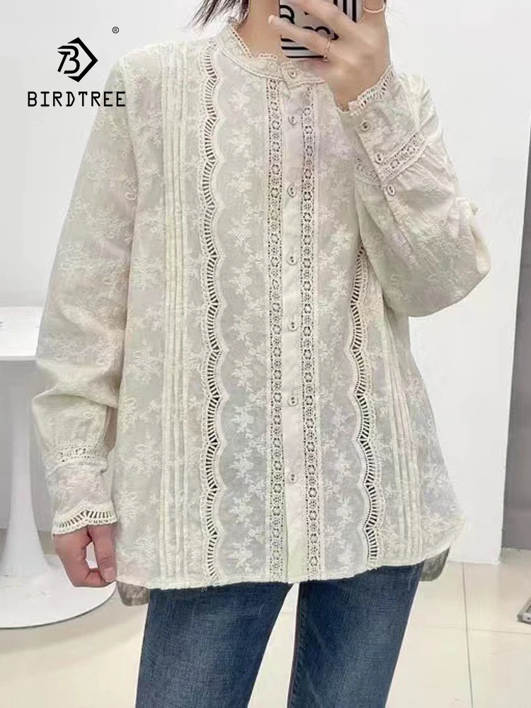 

New Spring Cotton Hook Flower Shirt Women Stand Long Sleeve Tops Girl Literature Folds Versatile Blouses 2024 Autumn T43069QC