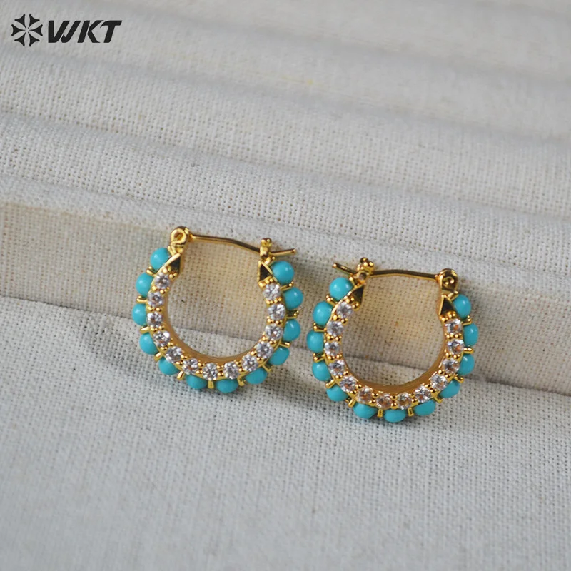 WT-E822 Luxury And Beautiful Turquoise Stone Beads Zircon Paved Circular Earrings For Women Commuter Decorative