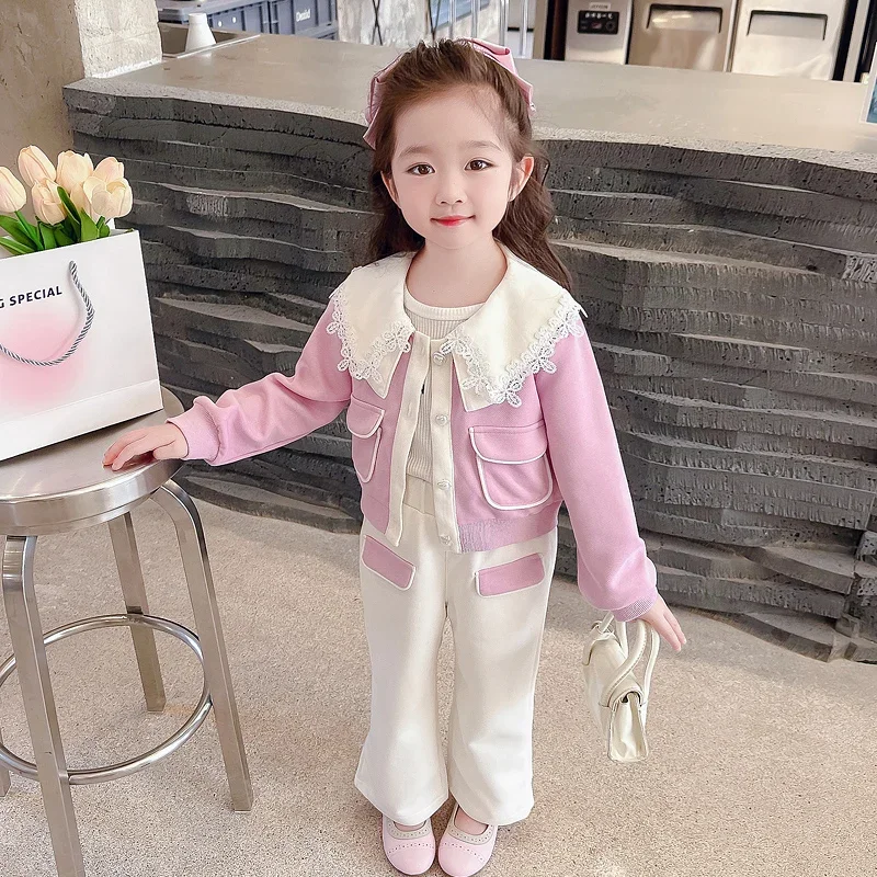 Eleganter Stil Kinder bekleidung Sets für Mädchen Spitze Jacke Hosen 2 Stück Anzug Frühling Kinder Kleidung Outfits Baby lässige Trainings anzüge