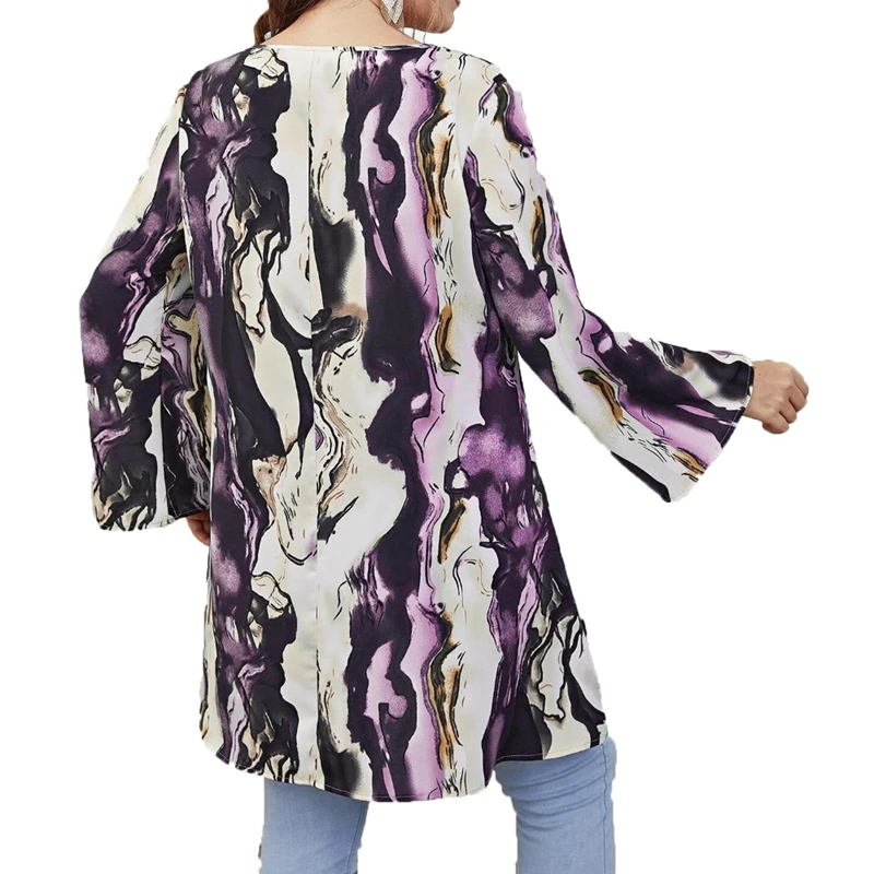 Herfst nieuw plus size dames T-shirt mode dames ronde hals afdrukken lange mouw losse onregelmatige zoom T-shirt