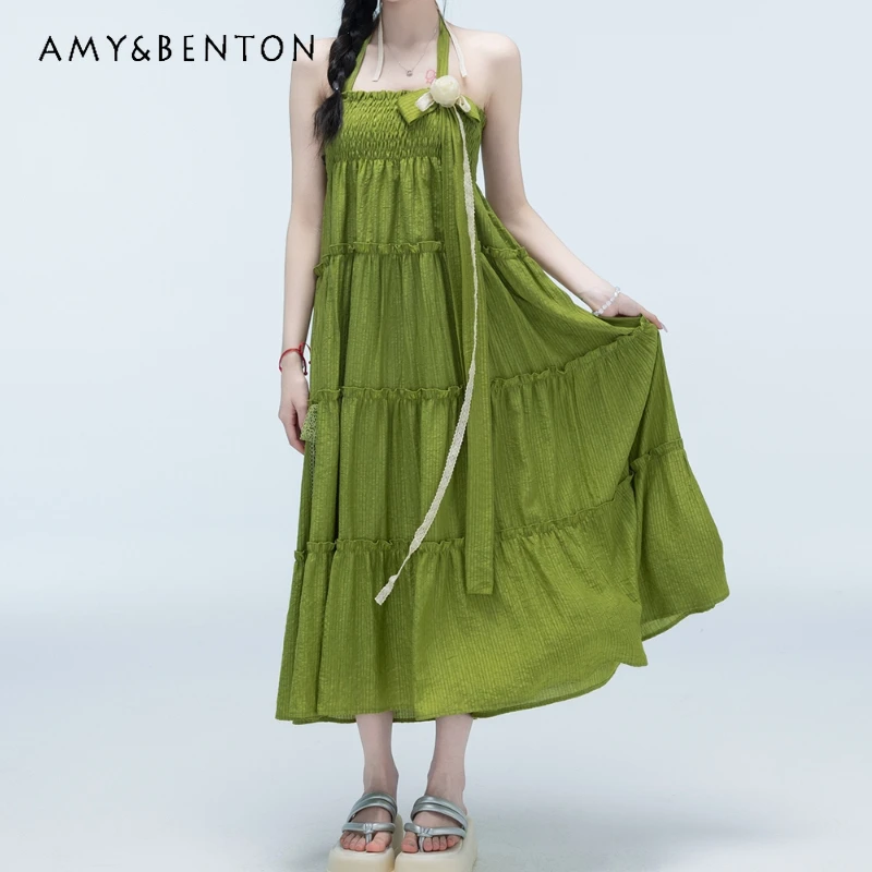 

2024 New Summer Seaside Vacation Green Suspender Sweet Sexy Cake Dress For Girl