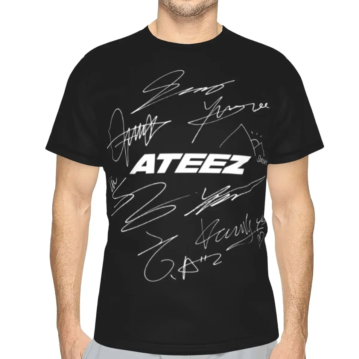 polyester ATEEZ - Logo + Autographs (black) T-Shirt Men's Fashion T Shirt Men Crew Neck Summer Shirts Tops