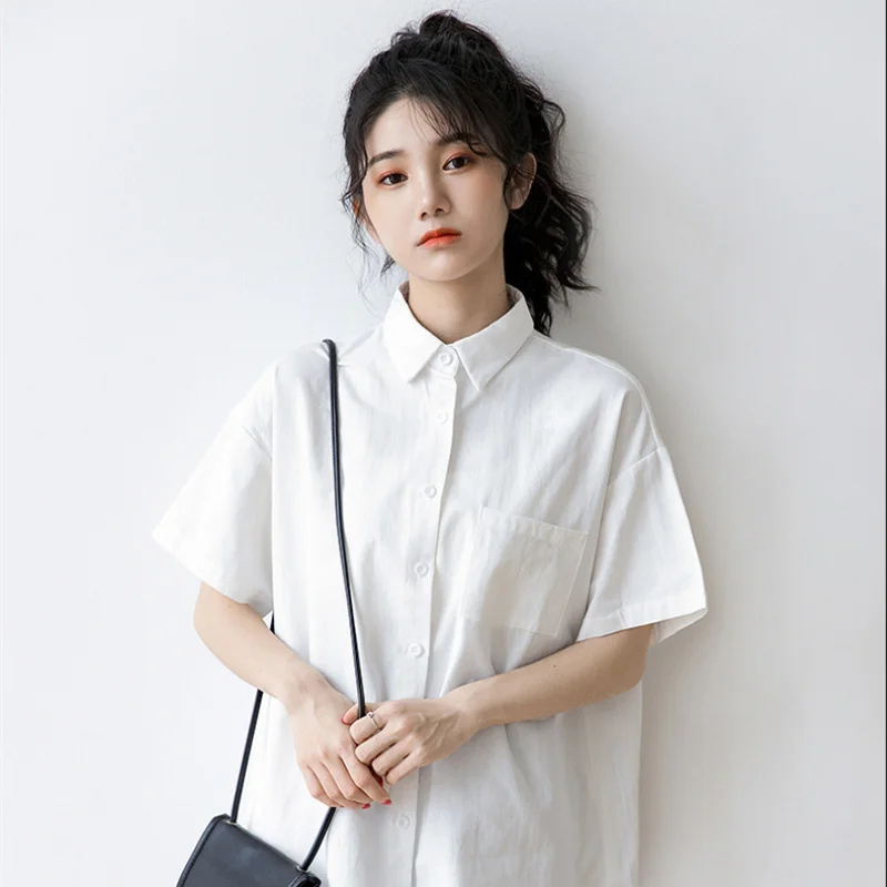 

2025 Summer New Japanese Retro White Workwear Short Sleeve Shirt Women Loose Student Shirt White Top