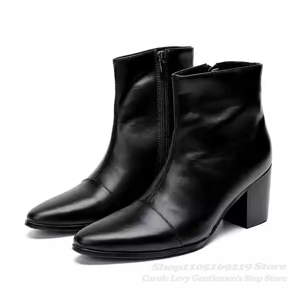 

Ankle Boots Side Zipper Men Boots 8cm Pointed Toe Casual Black Leather Hairstylist Leisurely Trendy British Men High Heel Boot
