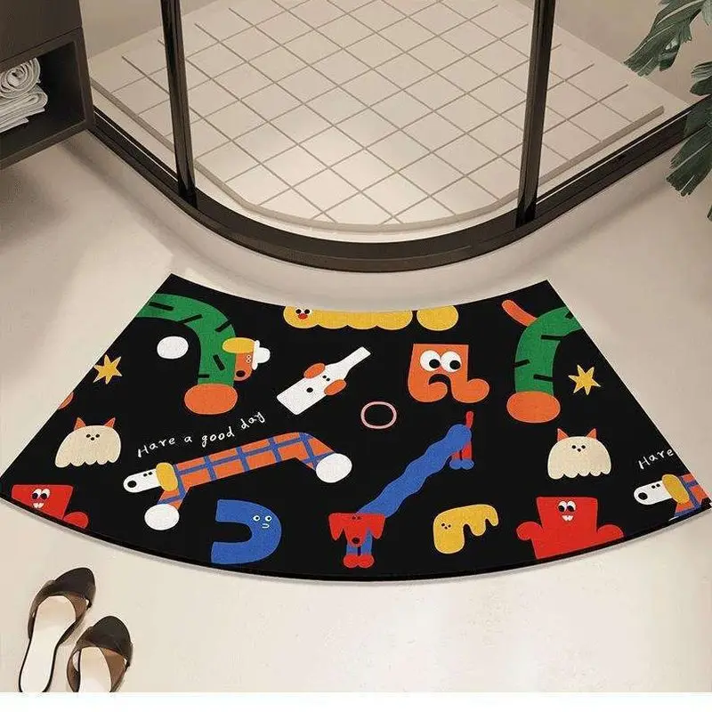 VIKAMA Cartoon Dachshund Fan Shaped Bath Mat Water Absorbent Non Slip Curved Shower Rug Home Decor