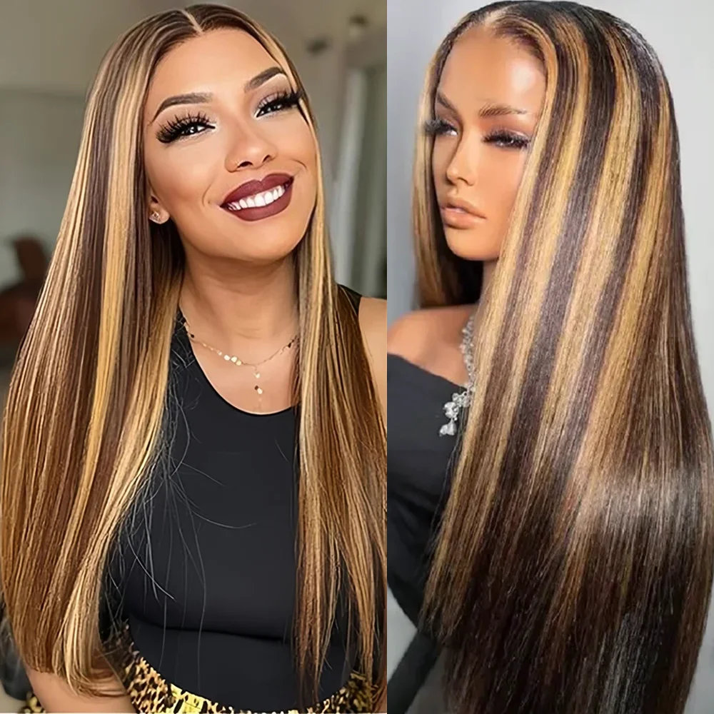 P427 Straight HD Lace Front Human Hair Wig Highlight 13x4 13x6 Straight Brazilian HD Lace Frontal Wig For Women Pre Plucked 46 Inch