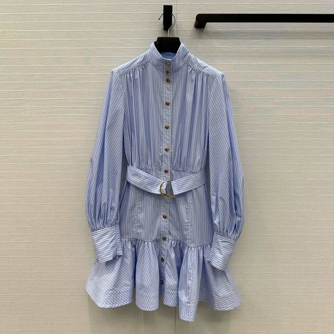 

New Autumn Fashion Blue Vertical Stripe Gold Button Cute Dress Women Stand Long Sleeve Slim Belt Ruffles Elegant Lady Chic Dress