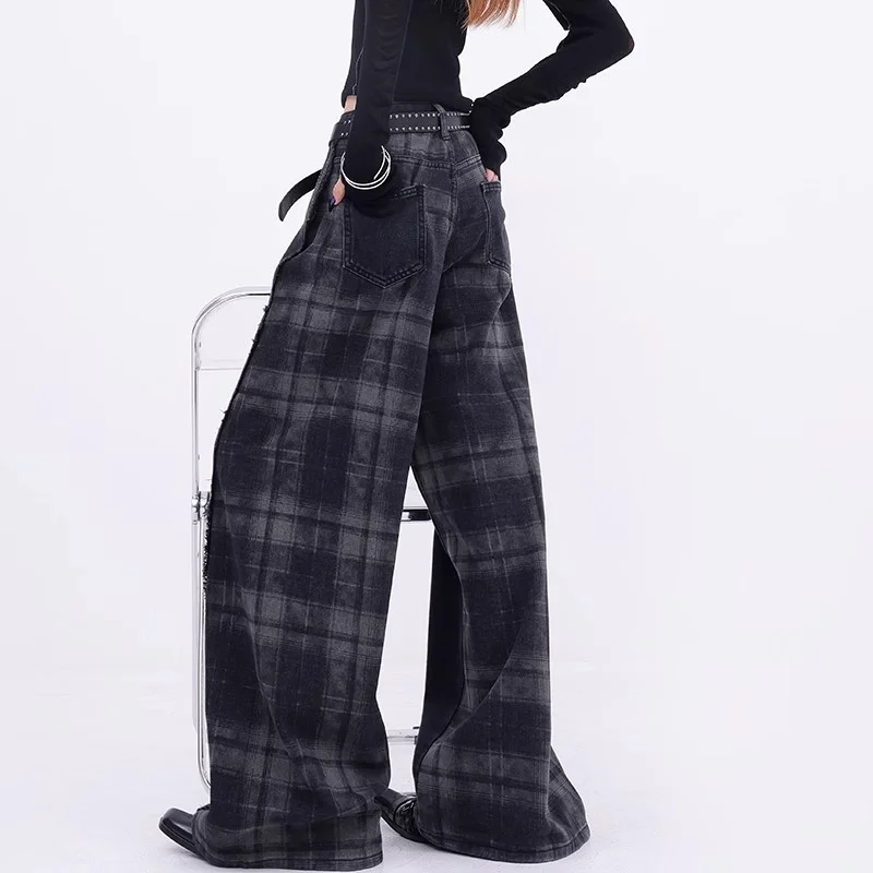 

Американские ретро клетчатые контрастные джинсы для мужчин и женщин весной и осенью, свободные висячие широкие брюки