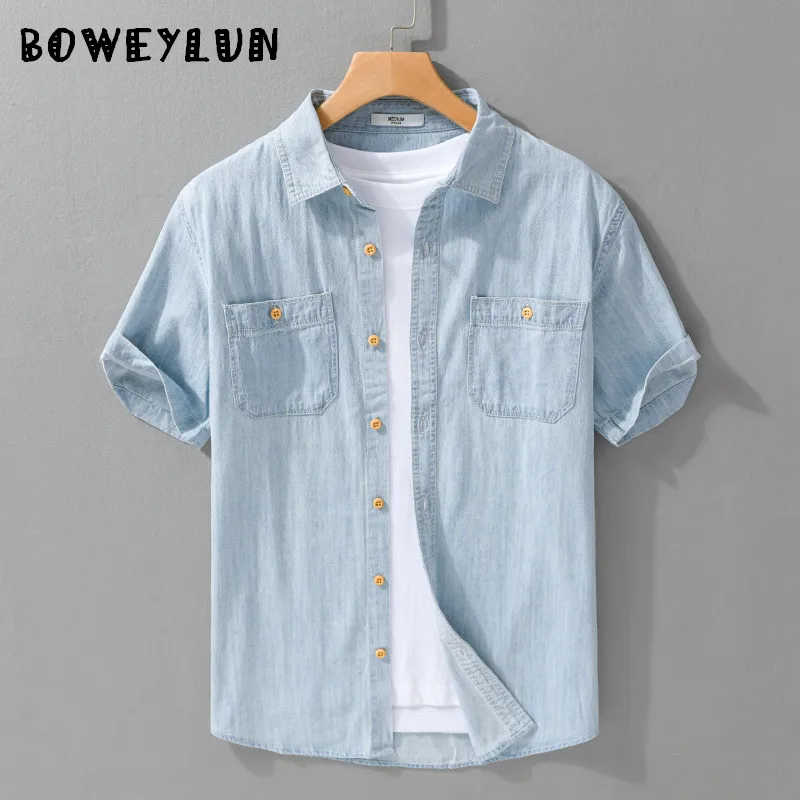 

BOWEYLUN 100% Cotton Casual Denim Short-Sleeved Shirt for Men Comfortable and Breathable Solid Color Youth Blouse