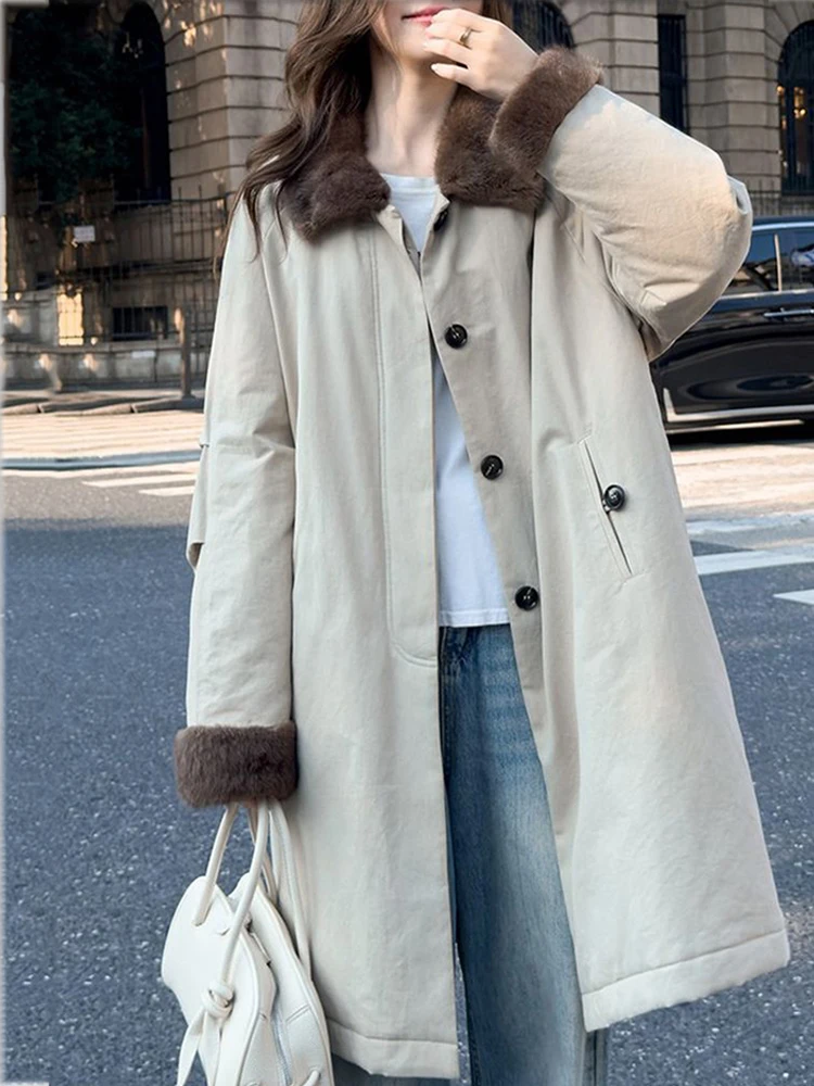 الشتاء منتصف طول الفراء طوق أسفل معطف المرأة تنوعا الدافئة الفاخرة فضفاضة تناسب المألوف مبطن خندق سترة سترة