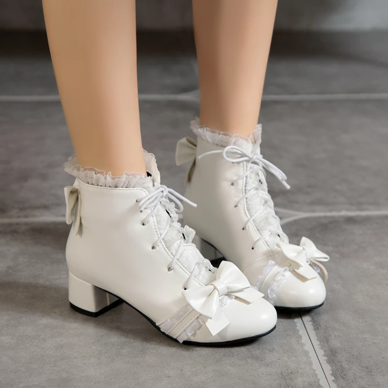 

Kawaii/Ботильоны Лолиты с милым бантом для девочек, студенческие кружевные осенне-зимние ботинки Лолиты, готическая обувь для чаепития для девочек, туфли принцессы