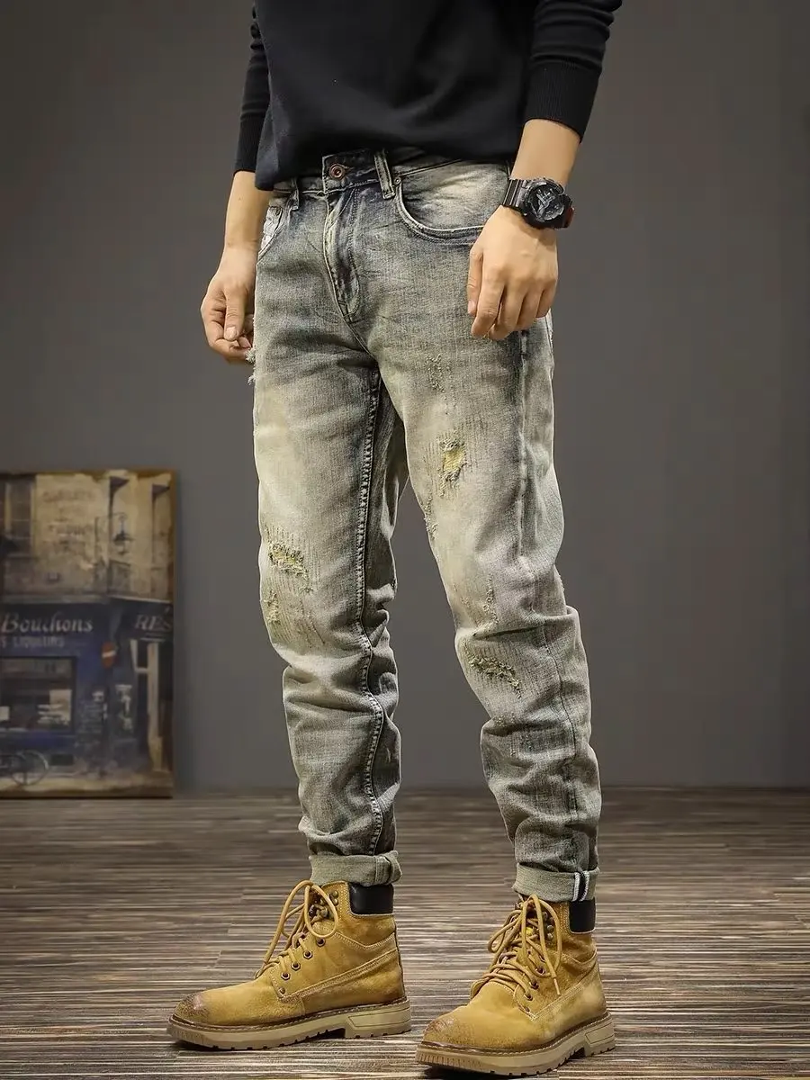 Calças Jeans Masculinas Estilo Americano Retrô com Corte Reto, Roupas Casuais para Trabalho, Tendência de Primavera, Calças L...