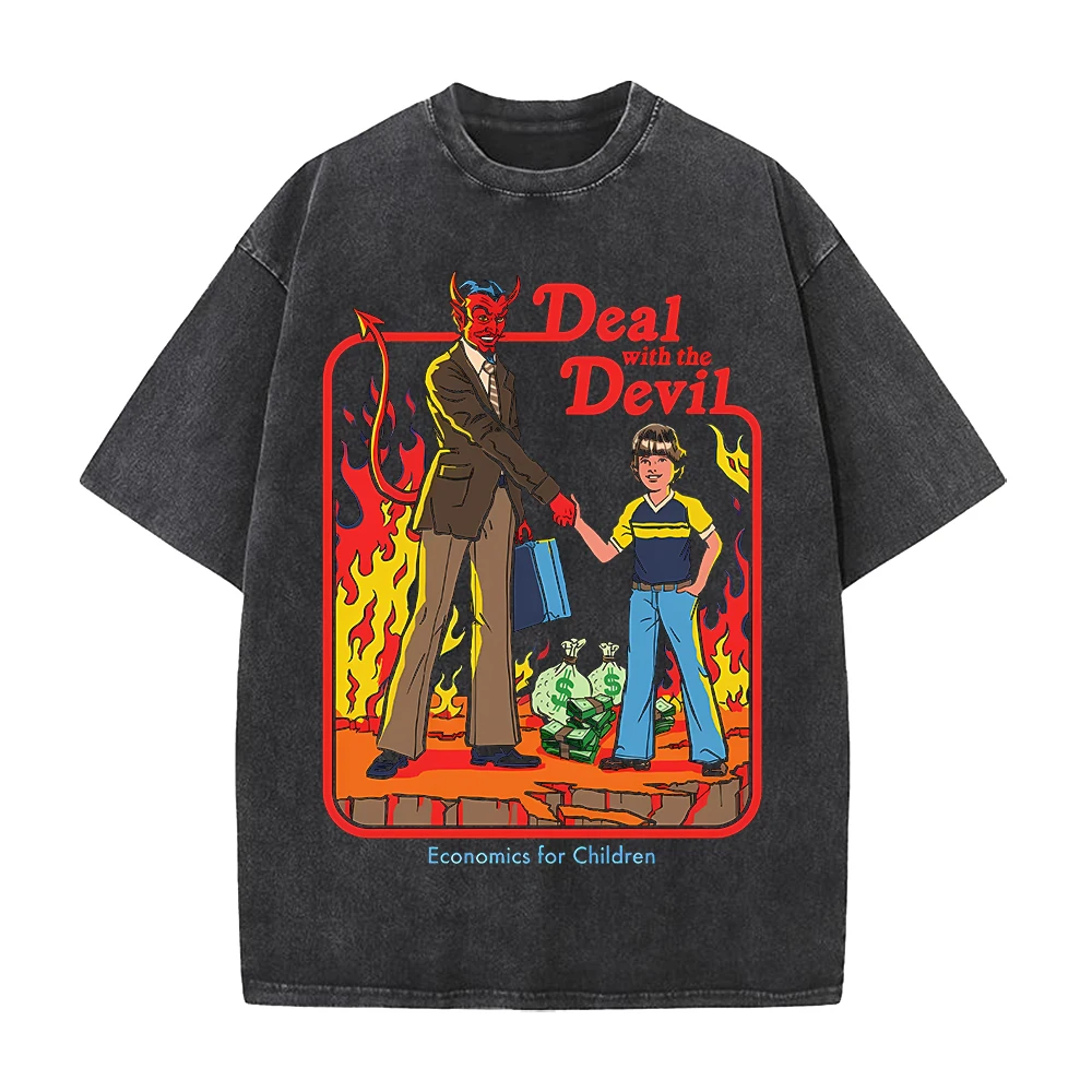 Deal Wich The Devil Printed T-shirt Dark Comics Vintage Washed T Shirt Men Clothing Summer Harajuku Cotton Tees Tops Clothes