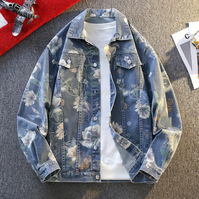 Mens Causal Oversized Cotton Casual Blue Denim print Jacket Denim Jacket Men Fashion Motorcycle Jeans Jackets Man Outerwear Coat