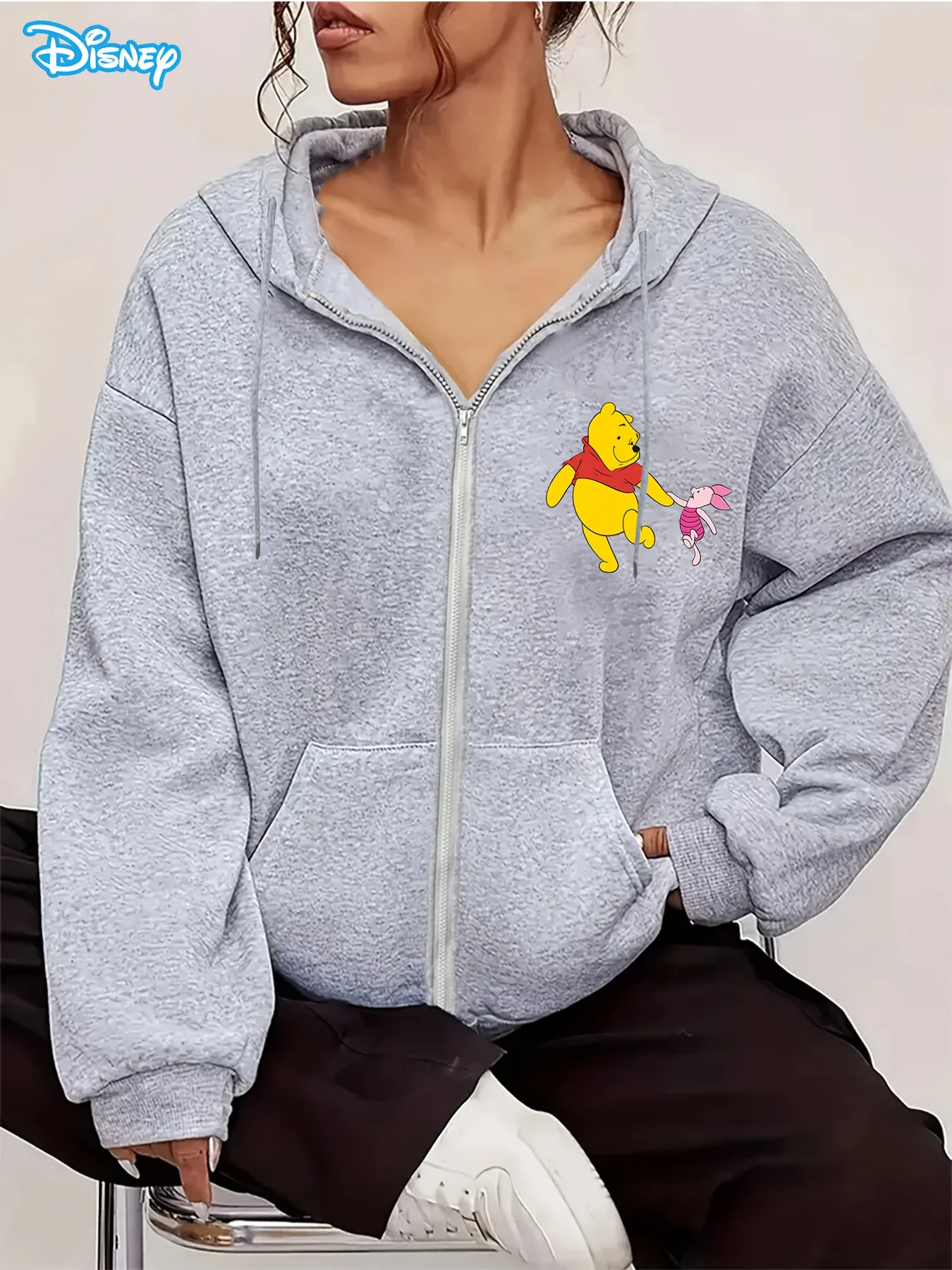 Moletom feminino de lã aconchegante da Disney com Winnie the Pooh Piglet Design cinza com zíper pulôver de manga comprida