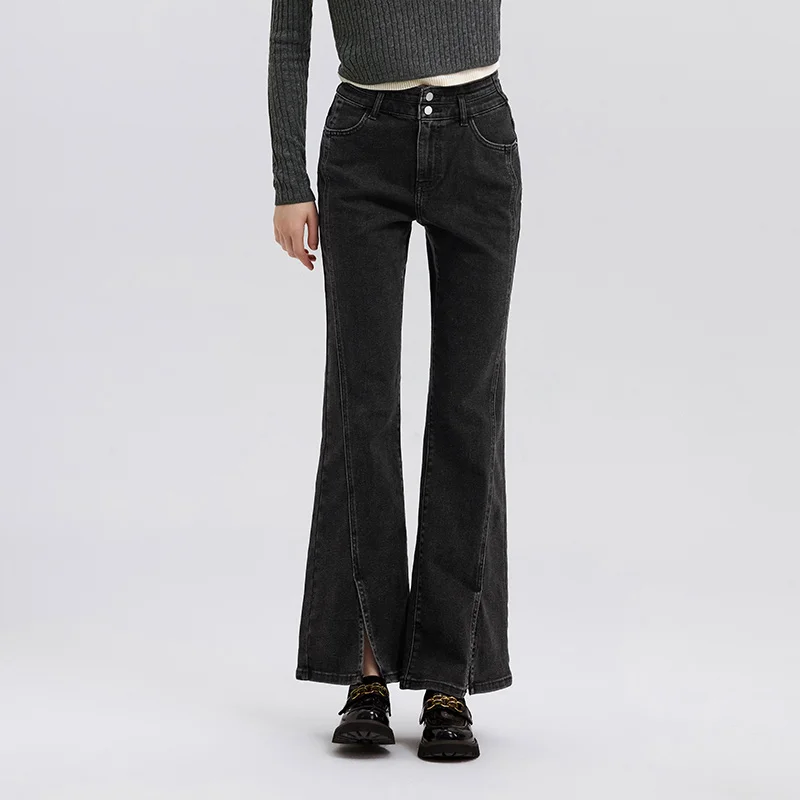 Semir Jeans Dames Lange broek met hoge taille en split Lente Patchwork Flare-broek Beenverlenging