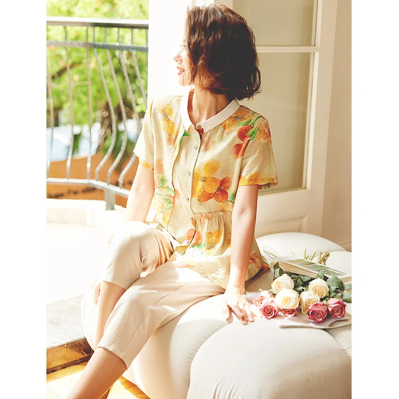 

Cotton Linen Embroidery Women's Summer T-shirt 2026 New Fashion Home Garden Afternoon Tea Luxury Plus Size Tops Outdoor