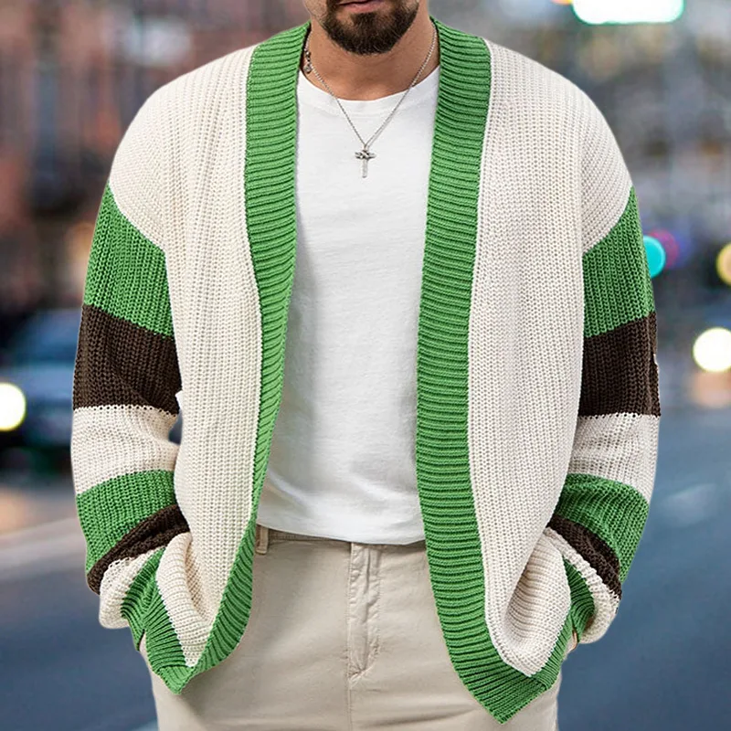 

Japan and South Korea Men's Casual Knitwear Fashion Loose Contrast Color Wool Knitted Cardigan Coat Thick Thick Needle Sweater