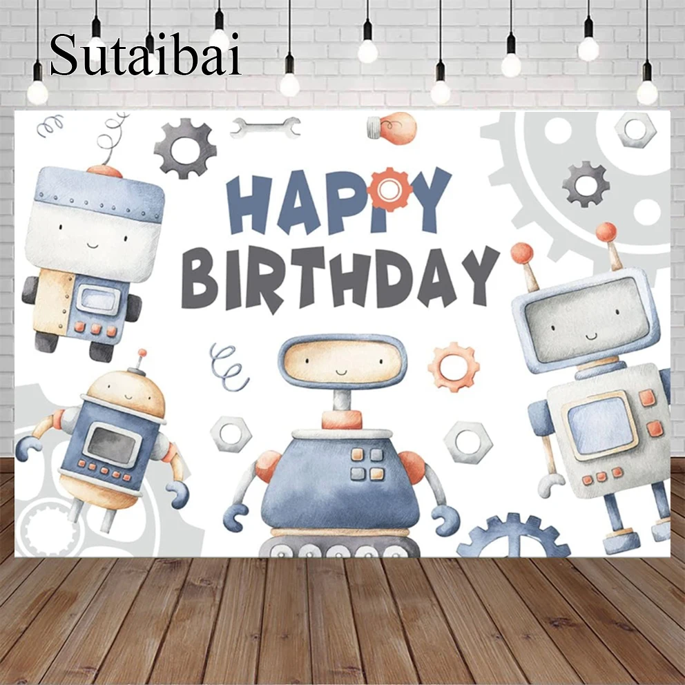 Robot Birthday Party Backdrop Boys Birthday Party Supplies Cartoon Robot Themed Cake Table Banner Kids Party Decorations