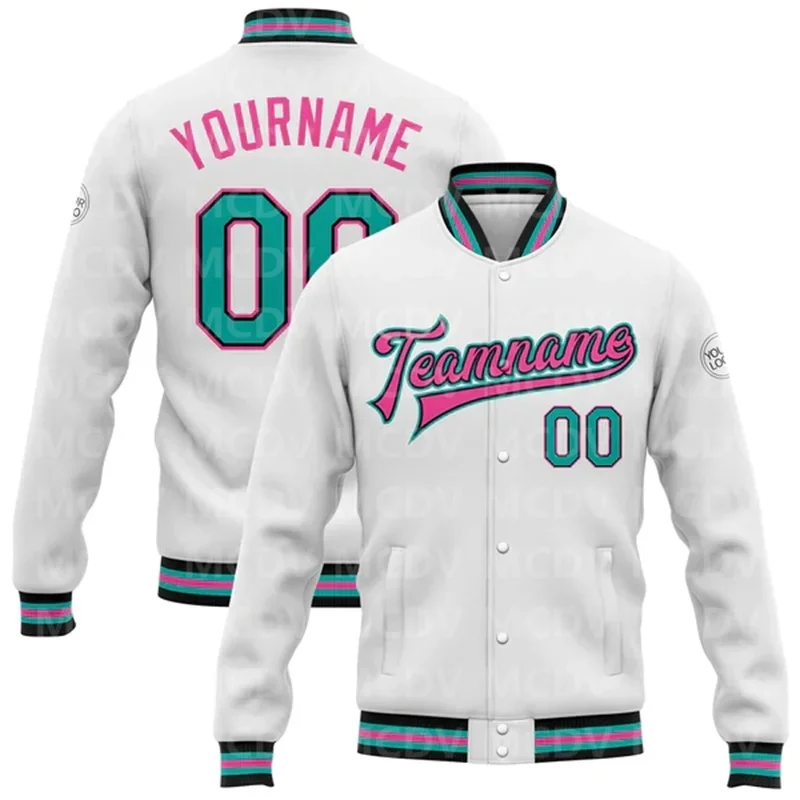 Custom White Aqua Black-Pink Bomber Full-Snap Varsity Letterman Jacket Baseball Button Jacket