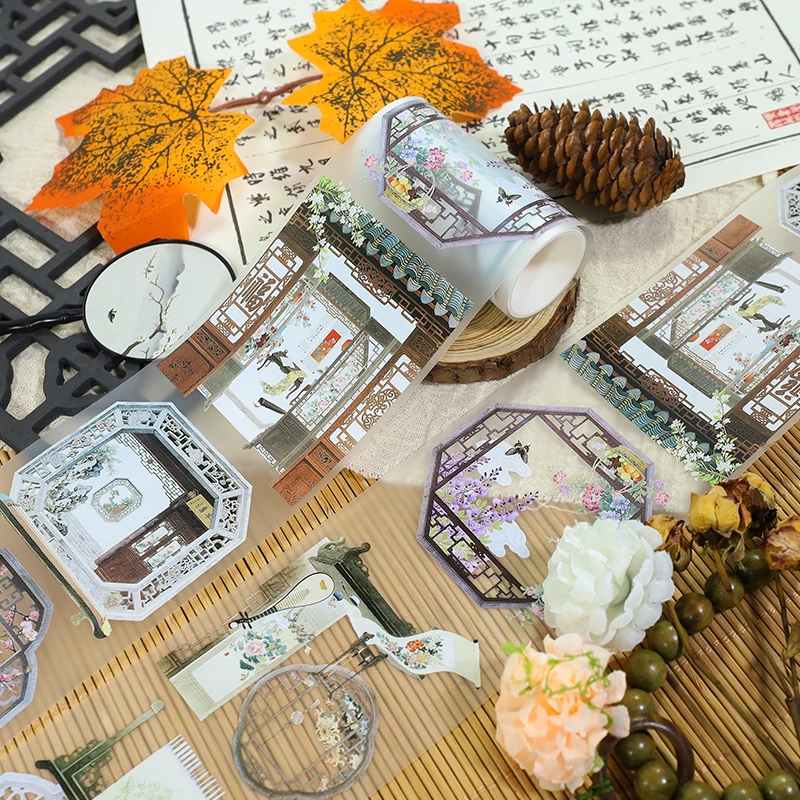 80mm*200cm Vintage Flower Window Landscape PET Tape Creative DIY Journal Material Collage Stationery