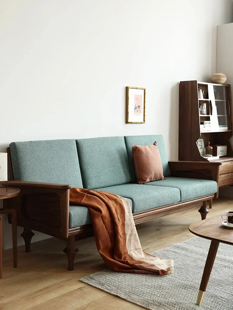 Solid Wood Nordic Living Room Three-Seat Fabric Sofa Small Apartment Black Walnut Light Retro Sofa Living Room Furniture