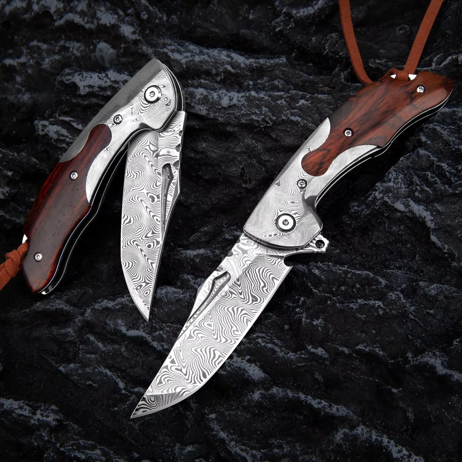 Handmade Damascus Folding Knife with Leather Sheath EDC Camping Tools for Outdoor Activities Self Defense Collection Men's Gift