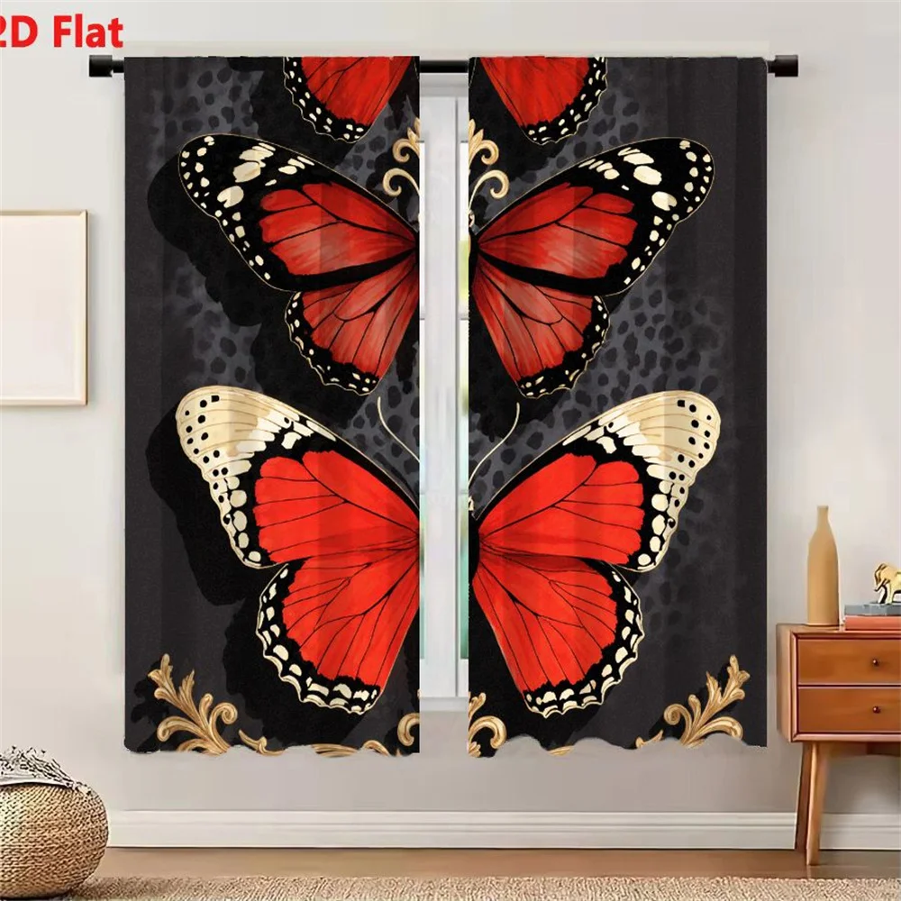 2Pcs Curtains 2D Flat Decorative Illustration Of Three Stylized Butterflies With Vibrant Red Wings Black White Accents Golden Or