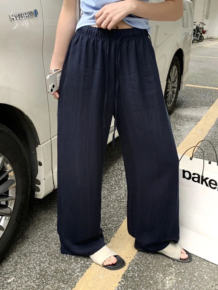 Summer 2025 Wide Leg Pants Elastic Waist Dstring Casual Lazy Sle Versatile Slimming Loose Fit High Waist Knitted Polyester