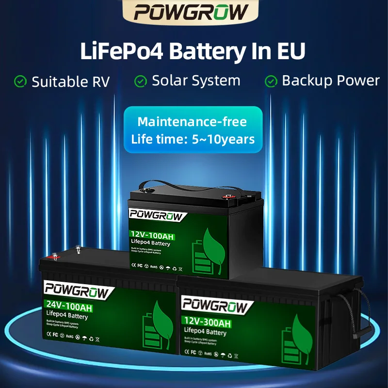 POWGROW 300ah LifePo4 Battery 12V/24V 100ah Lithium Solar Batteries Grade A Cells Iron Battery +6000 Cycle Built-in BMS Home Power Storage No VAT In Poland