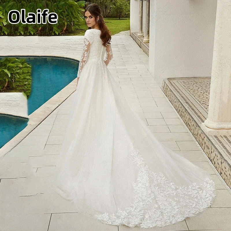 Olaife Lace Wedding Dresses Appliques Long Sleeves Sweep Buttons High V-neck Vestidos De Novia Sparkling A-line Bridal Gown