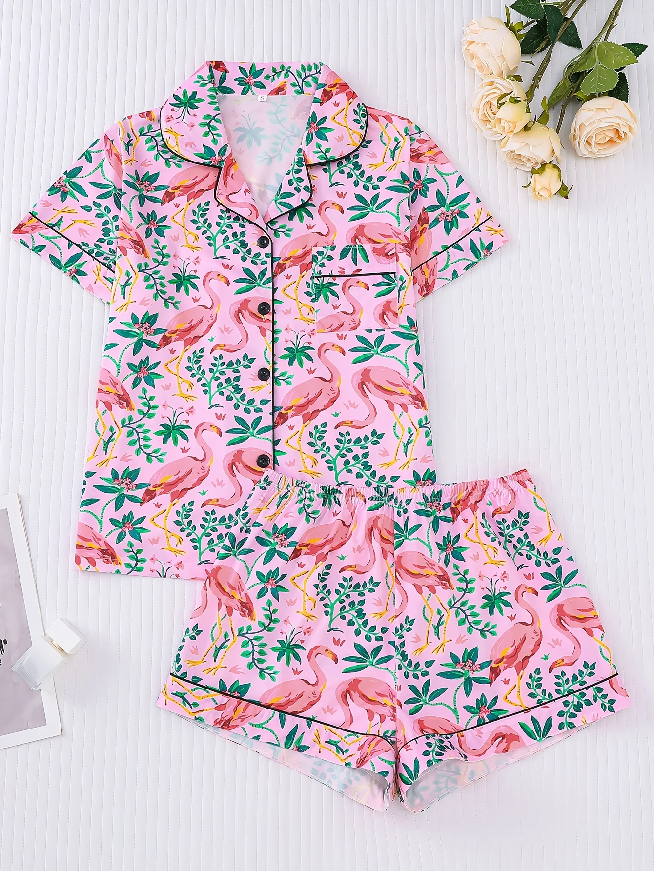 

Animal print women's pajama set short sleeve shirt with collar and loose shorts women's loungewear