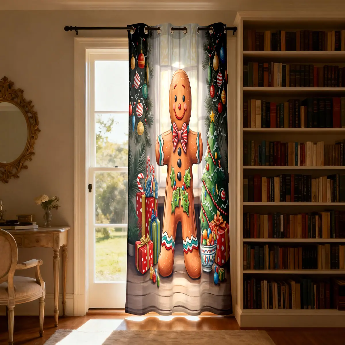 Christmas Gingerbread Xmas Decor Print Loop Curtain Light Shading Privacy Curtain Perforated Hanging for Door Living Room Bat