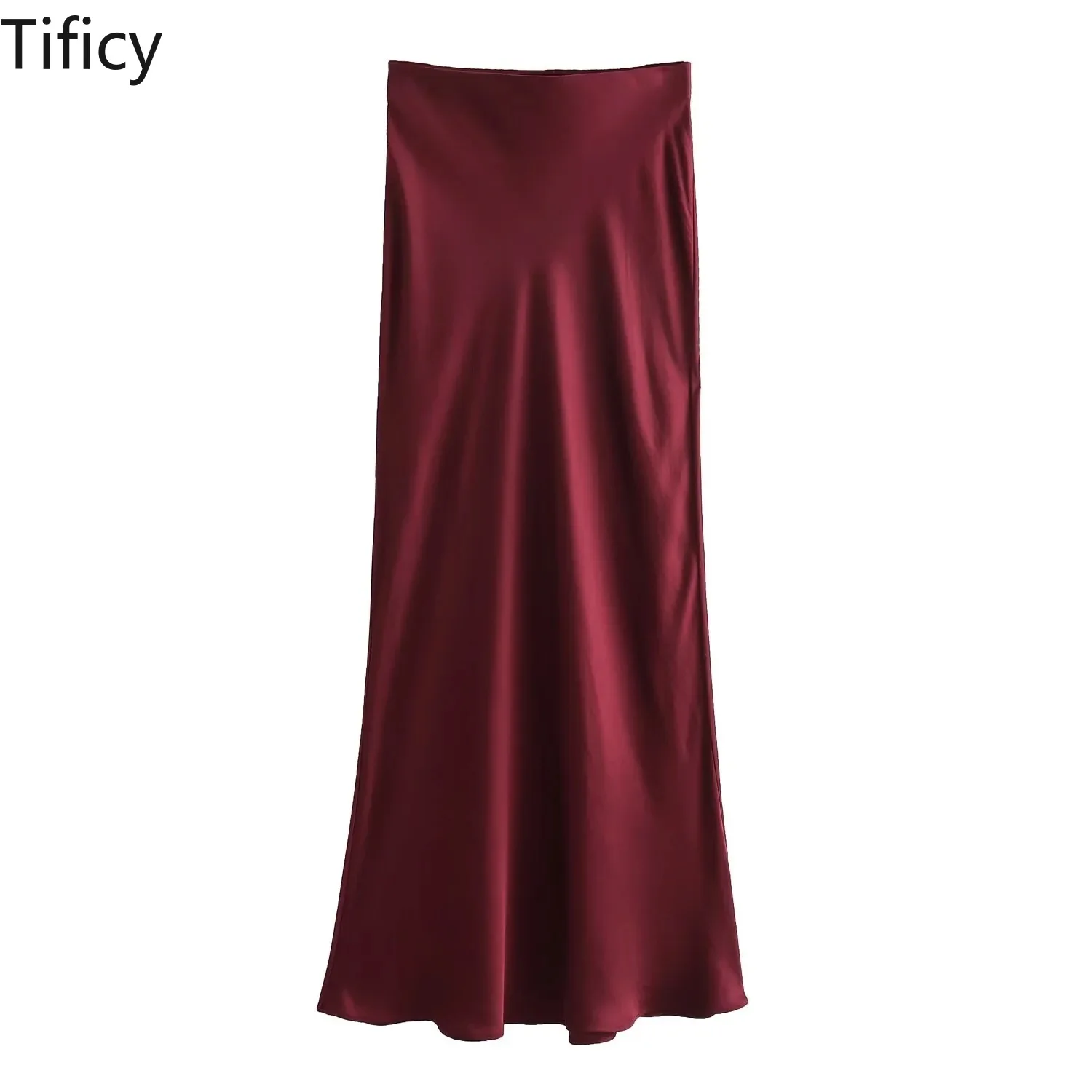 TIFICY Gonna lunga da donna vintage a vita alta con trama in raso alla moda francese delle nuove donne estive