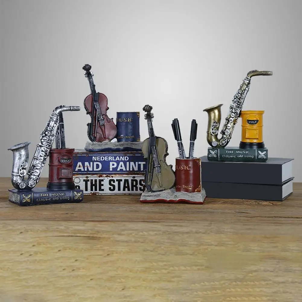 Desktop Pen Organizer Multi-functional Pen Stand Vintage Saxophone Violin Pen Holder Resin Musical Instrument Desk for Office
