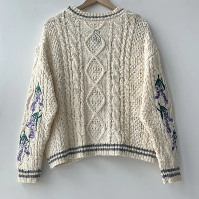 The Lakes Cardigan Women Winter Warm Wisteria Flower Embroidery Cardigans Female Soft V-Neck Beige Knitted Sweater Folklore Girl