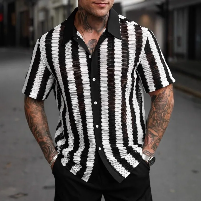 

Cross-border Best-selling Men's Black White Striped Cutout Short-sleeved Shirt Casual Wear Fashionable Individual Men's Clothing