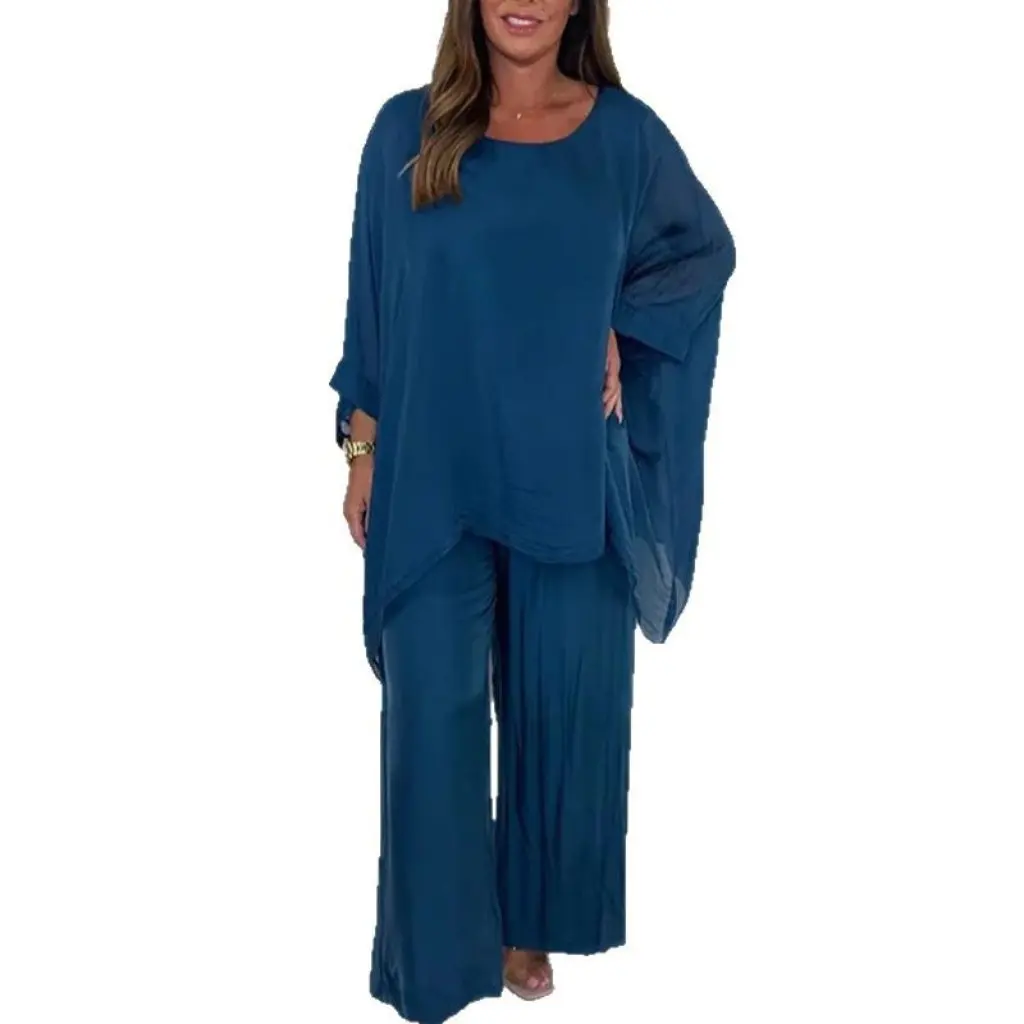 Summer Fashion Loose Chiffon Long-Sleeved Top And Wide-Leg Pants Casual Suit for Women European And American Style