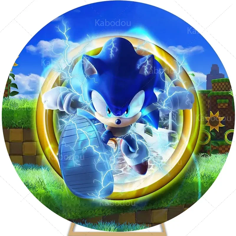 Sonic Blue Round Backdrop Boys Birthday Party Baby Shower Decoration Circle Lightning Photography Background Poster Studio Prop