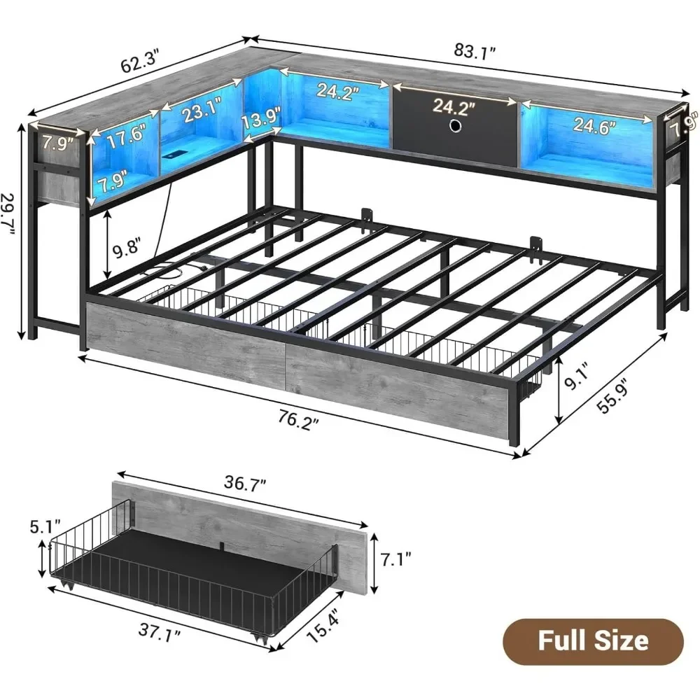 Corner Bed Frame with Storage Bookcase,  Storage Drawers Underneath, Charging Station and LED Light, Children Full Bed Frame