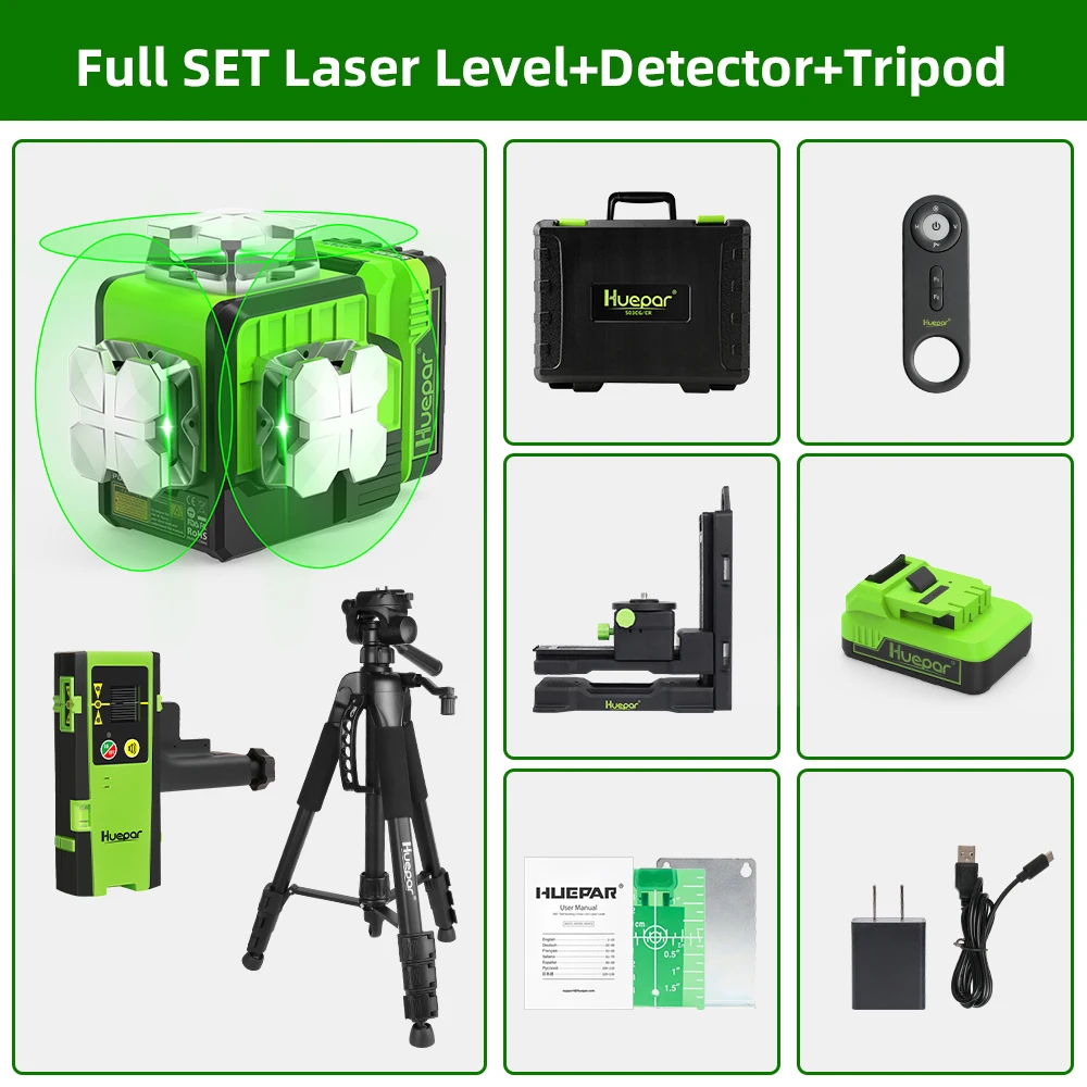 Huepar P03CG 12-lijnen 3D-laserniveau Horizontale verticale zelfnivellerende groene straallaserniveaumiddel met afstandsbediening en statief / detector