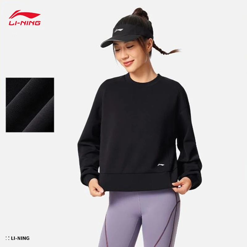 سترة LI-NING للسيدات للياقة البدنية برقبة دائرية فضفاضة مع قلنسوة من القماش المشروط بأكمام طويلة AWDV508