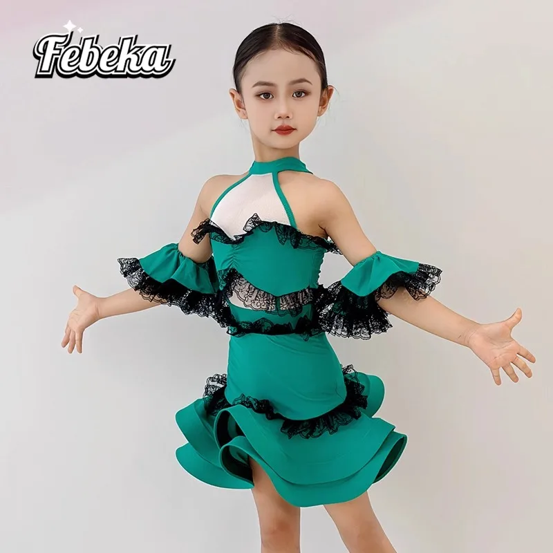 Robe de danse latine personnalisée pour filles, jupe d'entraînement, costume de performance de compétition pour enfants, robe fendue, ensemble 2 pièces